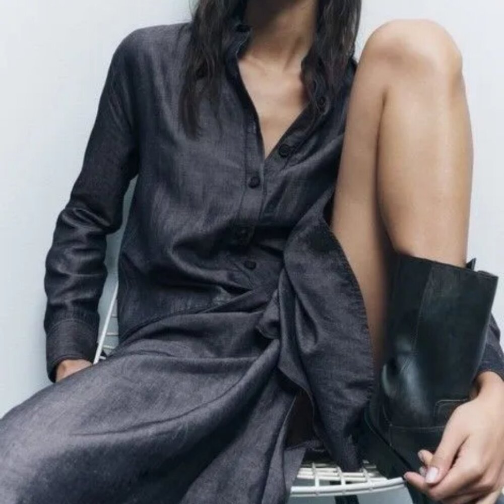 Zara Kyra Shirt Linen Blend Midi Dress